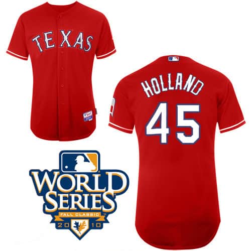 Rangers #45 Derek Holland Red Cool Base W 2010 World Series Patch Stitched Jerseys