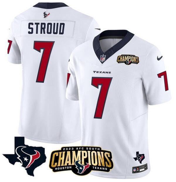 Houston Texans #7 C.J. Stroud White 2023 F.U.S.E. AFC South Champions Patch And Team Logo Patch Vapor Untouchable Limited Stitched Jersey