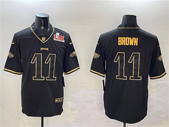Philadelphia Eagles #11 A. J. Brown Black Gold 2025 Super Bowl LIX Patch Salute To Service Vapor Untouchable Limited Stitched Jersey