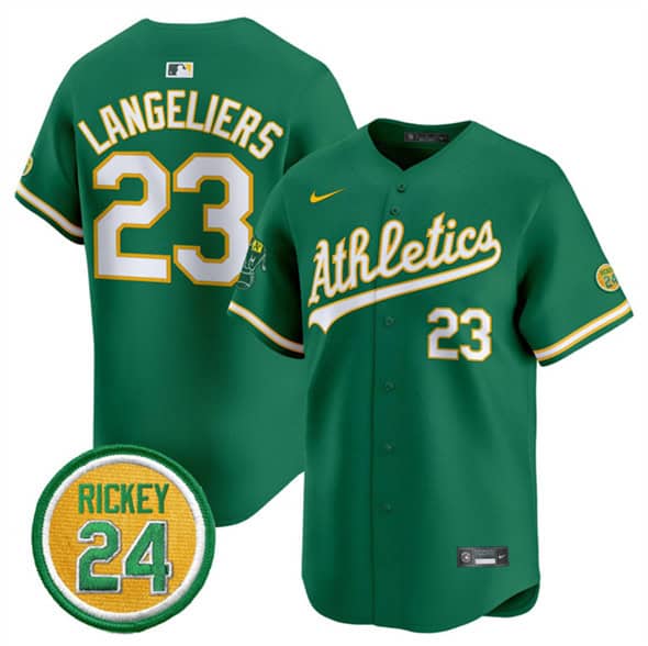 Oakland Athletics #23 Shea Langeliers Green 2024 Limited With Rickey Henderson Patch Stitched Jersey
