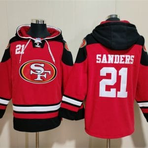 San Francisco 49ers #21 Deion Sanders Red Black Ageless Must-Have Lace-Up Pullover Hoodie