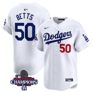 Los Angeles Dodgers #50 Mookie Betts White 2024 World Series Champions Home Limited Stitched Jersey