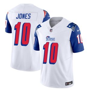 New England Patriots #10 Mac Jones White Blue 2023 F.U.S.E. Vapor Limited Stitched Jersey