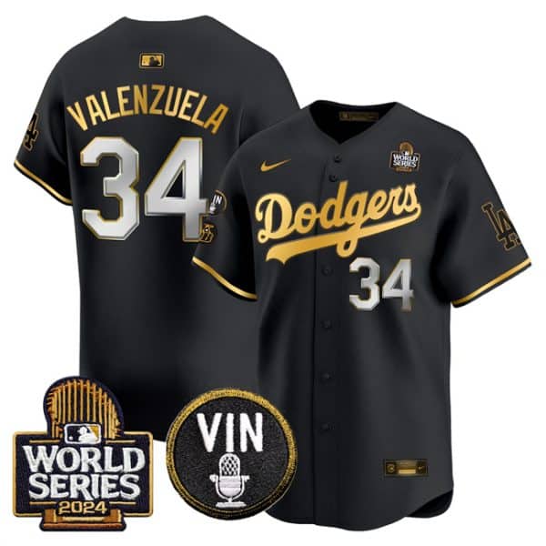 Los Angeles Dodgers #34 Toro Valenzuela Black Gold 2024 World Series With Vin Kobe Patch Limited Stitched Jersey