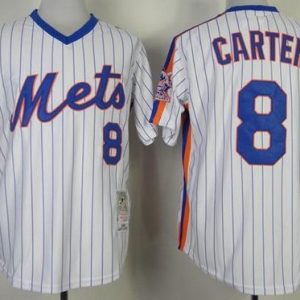 Mitchell And Ness Mets #8 Gary Carter Stitched White Blue Strip Throwback Jersey