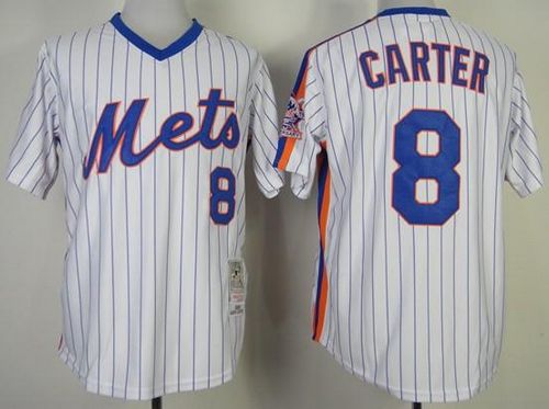 Mitchell And Ness Mets #8 Gary Carter Stitched White Blue Strip Throwback Jersey