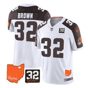 Cleveland Browns #32 Jim Brown White Brown 2023 F.U.S.E. With Jim Brown Memorial Patch Vapor Untouchable Limited Stitched Jersey