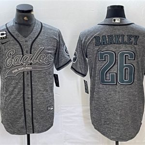 Philadelphia Eagles #26 Saquon Barkley Gray With 3-Star C Patch Cool Base Stitched Jersey