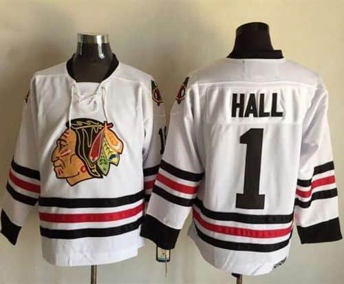 Blackhawks #1 Glenn Hall White CCM Throwback Stitched Jersey