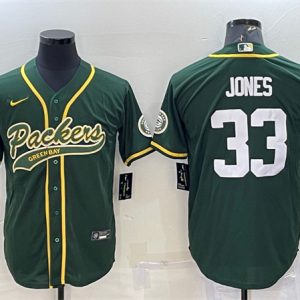 Green Bay Packers #33 Aaron Jones Green With Patch Cool Base Stitched Baseball Jersey