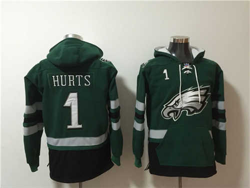 Philadelphia Eagles #1 Jalen Hurts Green Ageless Must-Have Lace-Up Pullover Hoodie
