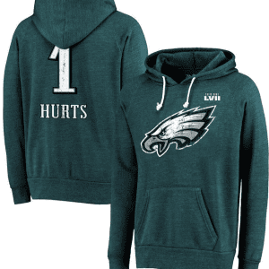 Philadelphia Eagles #1 Jalen Hurts Midnight Green Super Bowl LVII Name Number Pullover Hoodie