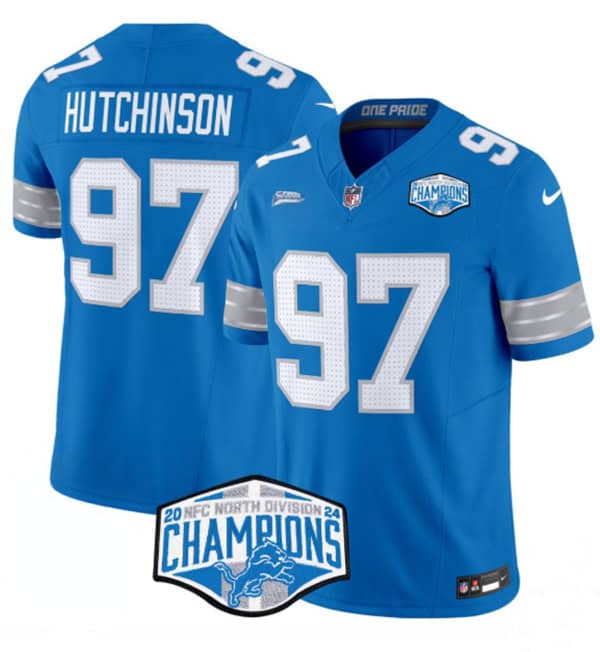 Detroit Lions #97 Aidan Hutchinson Blue 2024 NFC North Champions F.U.S.E. Vapor Limited Stitched Jersey