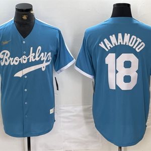 Los Angeles Dodgers #18 Yoshinobu Yamamoto Light Blue Throwback Cool Base Stitched Jersey
