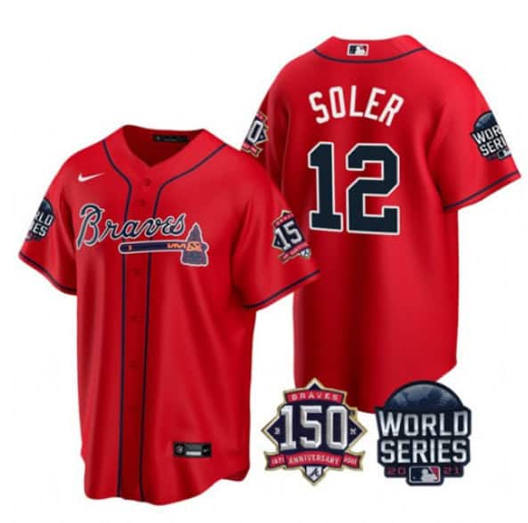 Atlanta Braves #12 Jorge Soler 2021 White World Series With 150th Anniversary Patch Cool Base Stitched Jersey