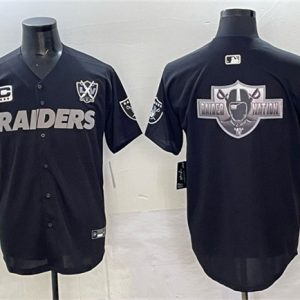 Las Vegas Raiders Team Big Logo Black With Nevada Silver Stat Patch And 65th Anniversary Patch 3-Star C Patch Stitched Jersey