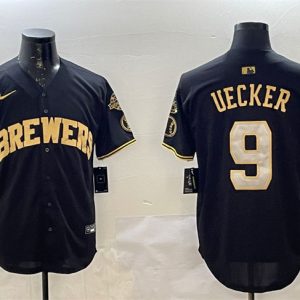 Milwaukee Brewers #9 Bob Uecker Black Gold With Home Patch Limited Stitched Jersey