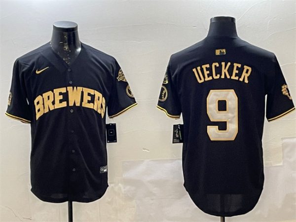Milwaukee Brewers #9 Bob Uecker Black Gold With Home Patch Limited Stitched Jersey