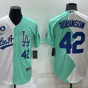 Los Angeles Dodgers #42 Jackie Robinson 2022 All-Star White Green Cool Base Stitched Jersey