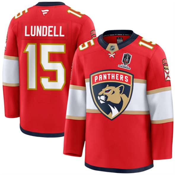Florida Panthers #15 Anton Lundell Red Home 2025 Stanley Cup Champions Patch Stitched Jersey