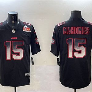 Kansas City Chiefs #15 Patrick Mahomes Black 2025 Super Bowl LIX Patch Smoke Fashion Vapor Limited Stitched Jersey