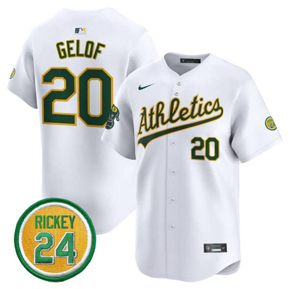 Oakland Athletics #20 Zack Gelof White 2024 Home Limited With Rickey Henderson Patch Stitched Jersey