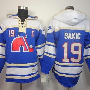 Nordiques #19 Joe Sakic Light Blue Sawyer Hooded Sweatshirt Stitched Jersey