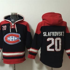 Montreal Canadiens #20 Juraj Slafkovsky Navy Red Lace-Up Pullover Hoodie