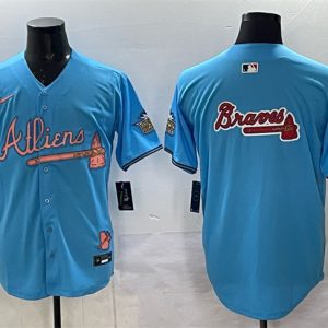 Atlanta Braves Team Big Logo Blue 2024 Atliens Peach With Outkast Patch Vapor Limited Stitched Jersey