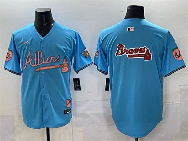 Atlanta Braves Team Big Logo Blue 2024 Atliens Peach With Outkast Patch Vapor Limited Stitched Jersey
