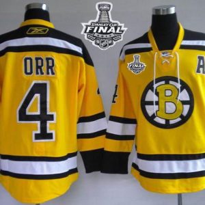 Bruins Stanley Cup Finals Patch #4 Bobby Orr Stitched Winter Classic Yellow Jersey