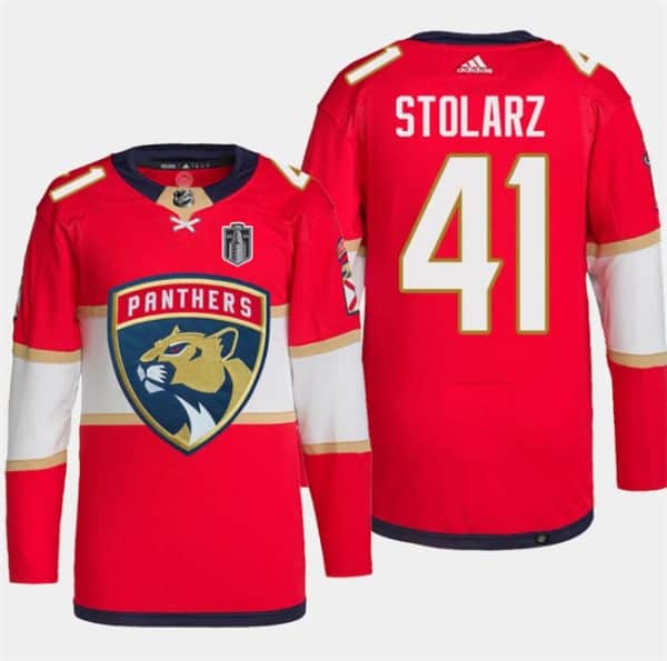 Florida Panthers #41 Anthony Stolarz Red 2024 Stanley Cup Final Patch Stitched Jersey
