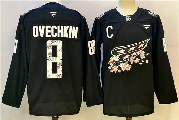 Washington Capitals #8 Alex Ovechkin Black Cherry Blossom With C Patch Stitched Jersey