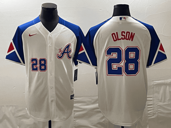 Atlanta Braves #28 Matt Olson White 2023 City Connect Cool Base With Patch Stitched Jersey