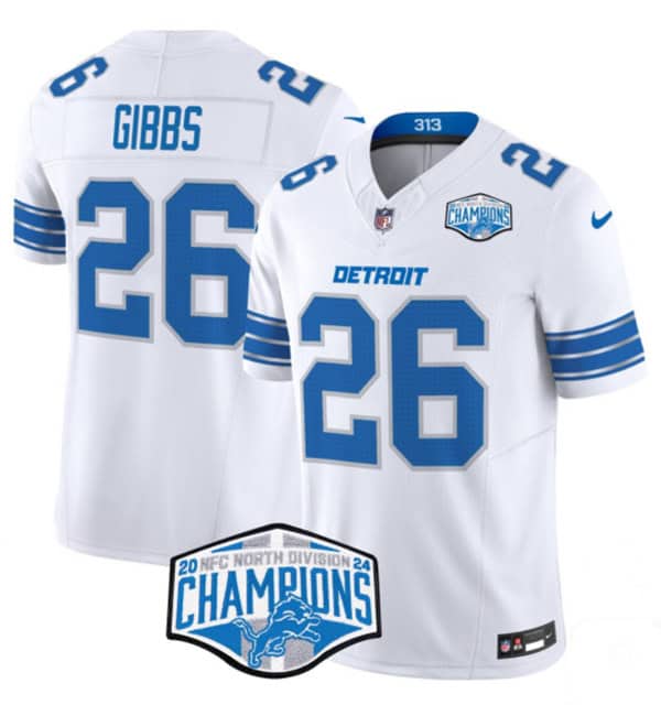 Detroit Lions #26 Jahmyr Gibbs White 2024 NFC North Champions F.U.S.E. Vapor Limited Stitched Jersey