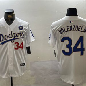 Los Angeles Dodgers #34 Toro Valenzuela White Gold 2024 World Series With No. 34 Patch Home Limited Stitched Jersey