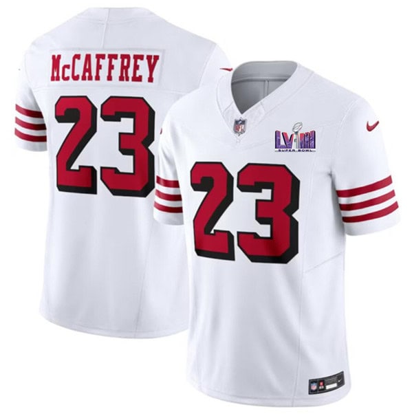 San Francisco 49ers #23 Christian McCaffrey New White 2024 F.U.S.E. Super Bowl LVIII Patch Vapor Untouchable Limited Stitched Jersey
