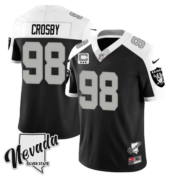 Las Vegas Raiders #98 Maxx Crosby Black White 2023 F.U.S.E Nevada Silver Stat With 3-Star C Patch Stitched Jersey