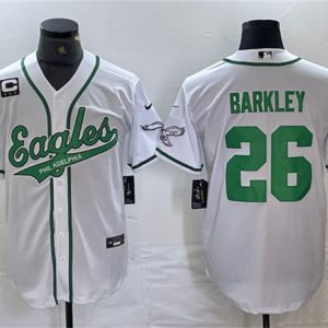 Philadelphia Eagles #26 Saquon Barkley White With 3-Star C Patch Cool Base Stitched Jersey
