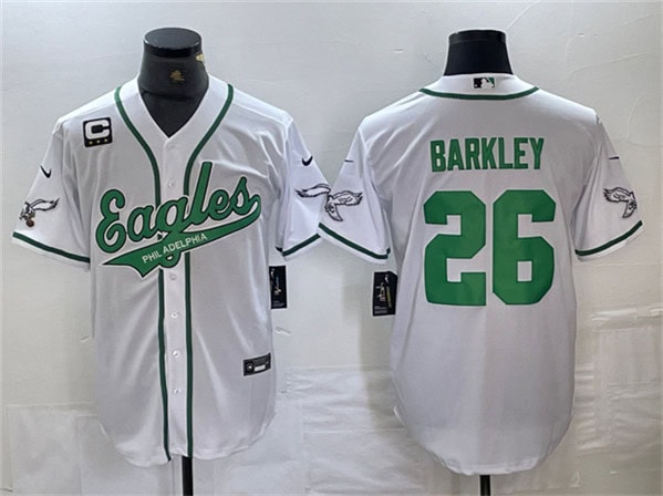 Philadelphia Eagles #26 Saquon Barkley White With 3-Star C Patch Cool Base Stitched Jersey