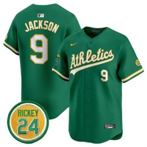 Oakland Athletics #9 Reggie Jackson Green 2024 Limited With Rickey Henderson Patch Stitched Jersey