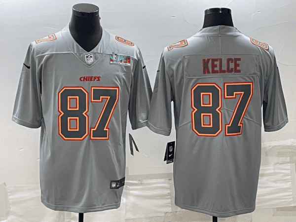 Kansas City Chiefs #87 Travis Kelce Gray Super Bowl LVII Patch Atmosphere Fashion Stitched Jersey