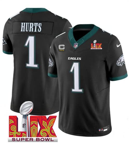 Philadelphia Eagles #1 Jalen Hurts Black 2025 Super Bowl LIX With 3-Star C Patch F.U.S.E. Vapor Untouchable Limited Stitched Jersey