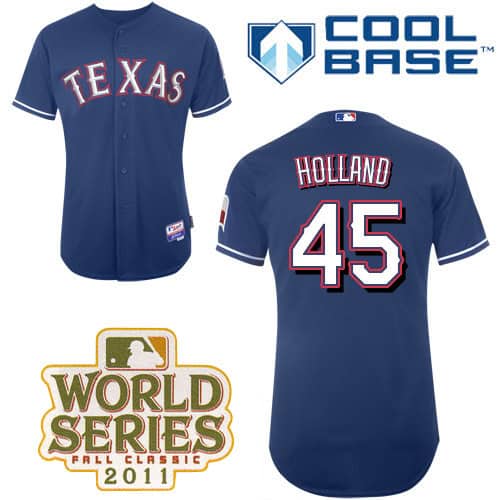 Rangers #45 Derek Holland Blue Cool Base 2011 World Series Patch Stitched Jersey