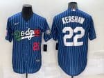 Los Angeles Dodgers #22 Clayton Kershaw Navy Mexico World Series Cool Base Stitched Baseball Jersey