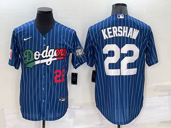 Los Angeles Dodgers #22 Clayton Kershaw Navy Mexico World Series Cool Base Stitched Baseball Jersey