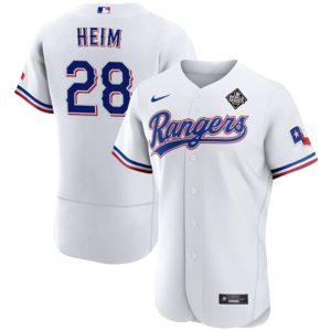 Texas Rangers #28 Jonah Heim White 2023 World Series Flex Base Stitched Jersey