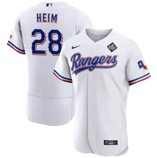 Texas Rangers #28 Jonah Heim White 2023 World Series Flex Base Stitched Jersey