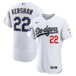Los Angeles Dodgers #22 Clayton Kershaw White Gold Championship Flex Base Sttiched Jersey