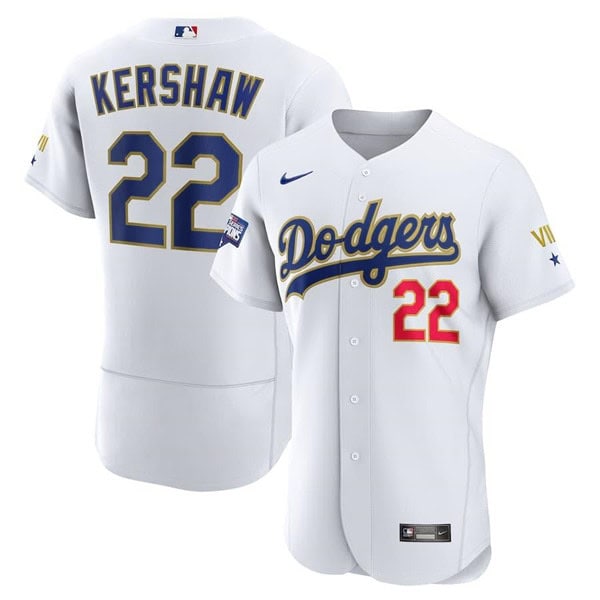 Los Angeles Dodgers #22 Clayton Kershaw White Gold Championship Flex Base Sttiched Jersey